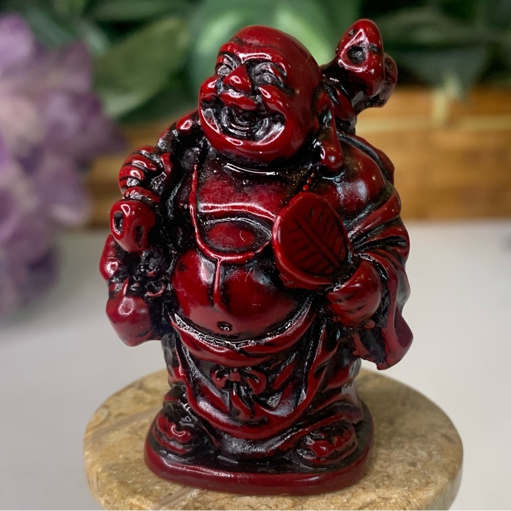 Laughing Buddha Rosewood Red Color Resin Hotei Fat Feng Shui Happy Small Figure